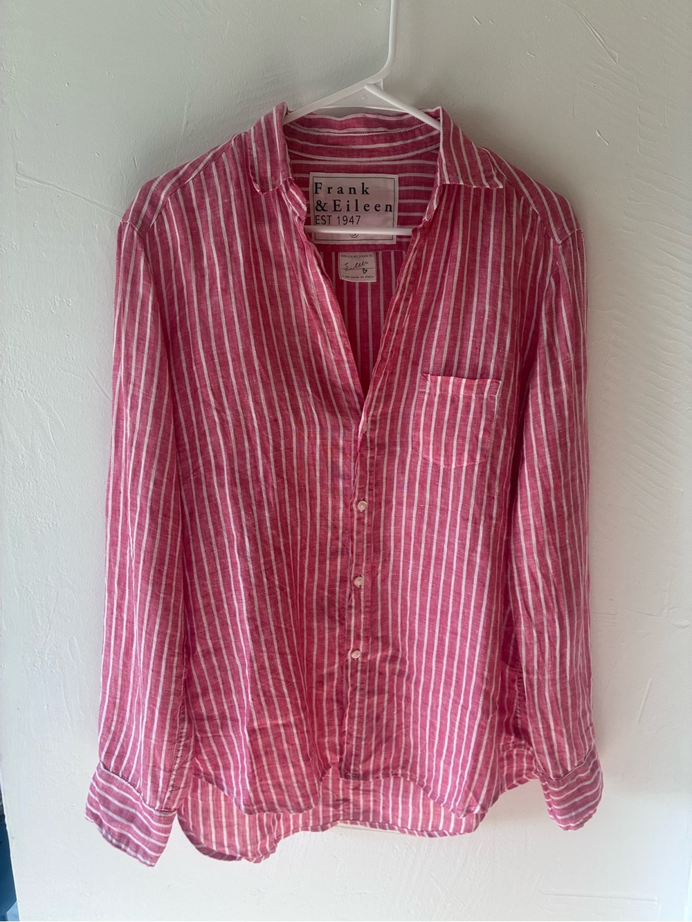 Frank & Eileen 100% Linen Button-Up Shirt “Eileen” Small Pink Red White